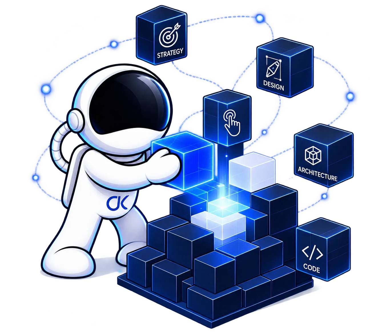 An astronaut assembling connected blocks labeled strategy, design, interaction, architecture, and code